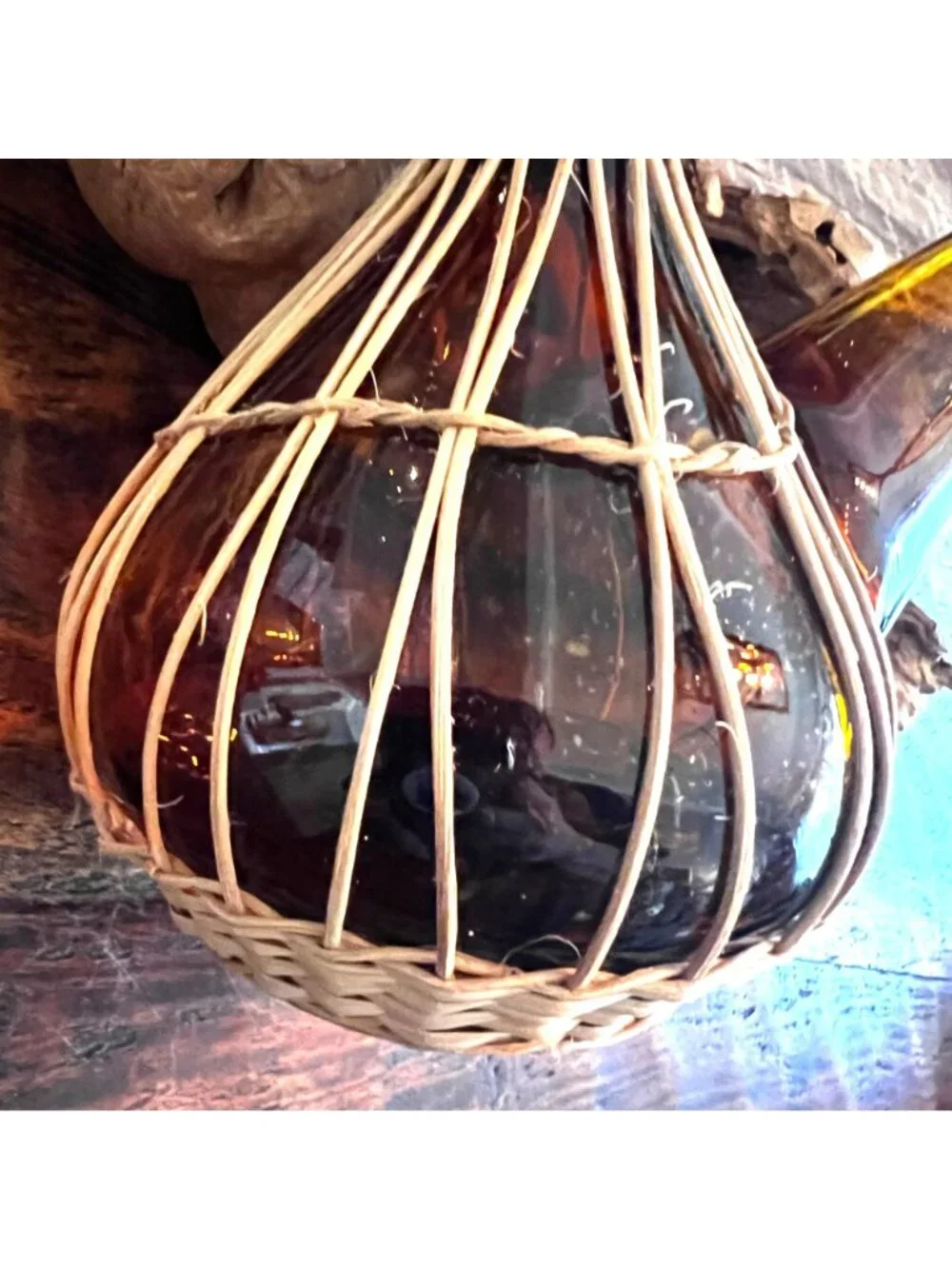 Vintage Spanish Amber Glass Wine Decanter With Rattan Wrap Cork And Cap